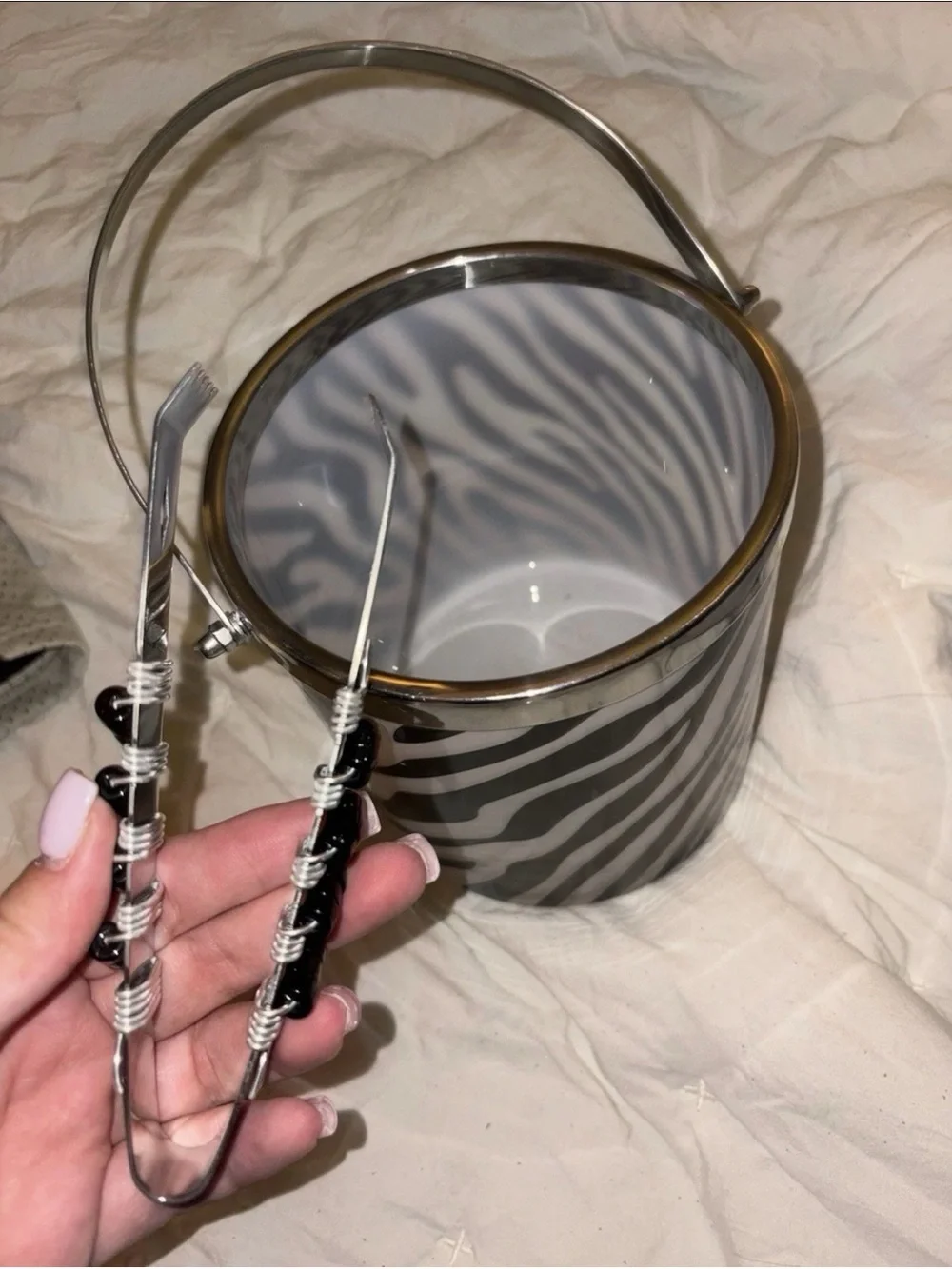 Zebra Stripe Ice Bucket with Beaded Handle - Black & White